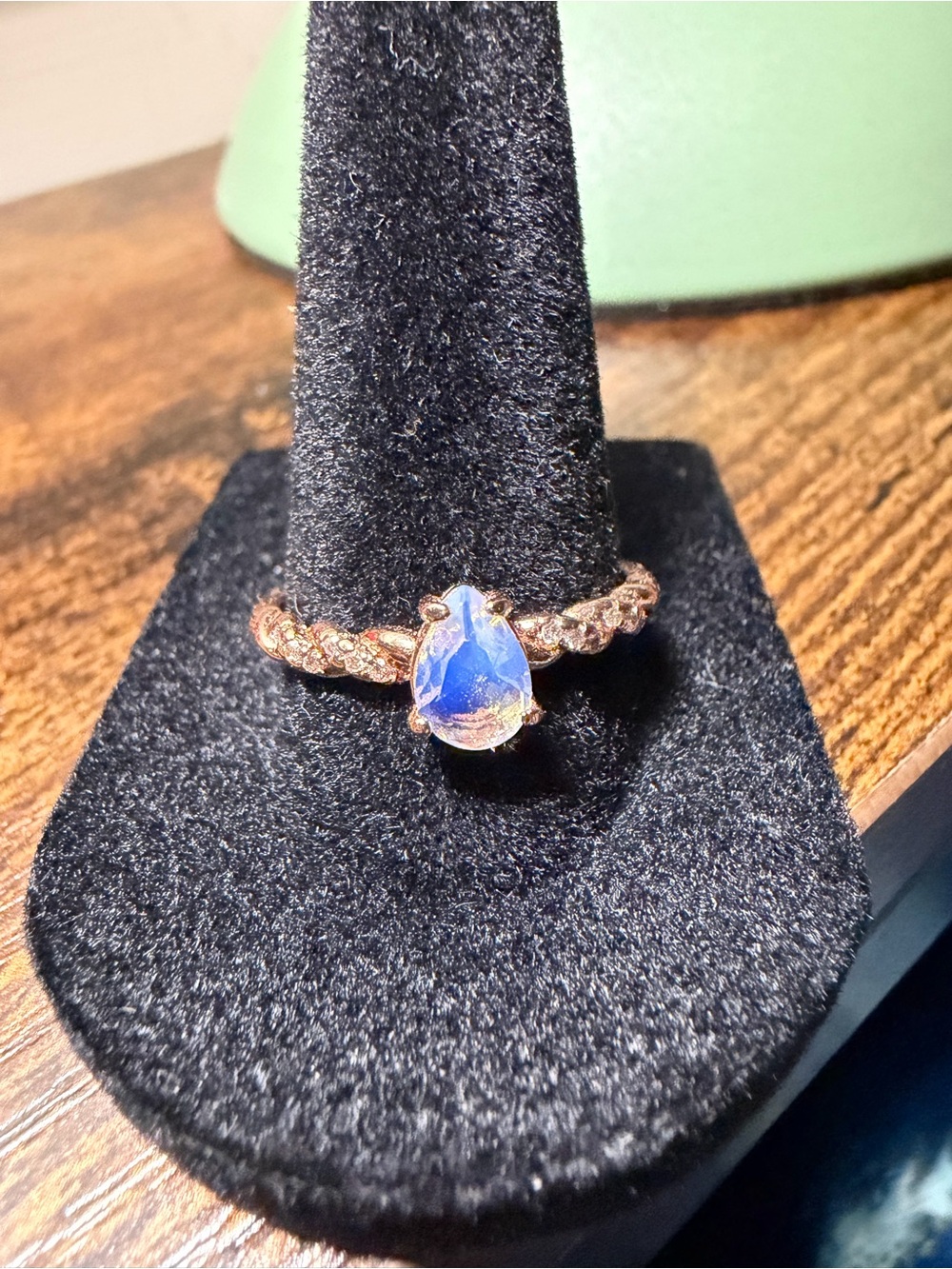 Rose Gold Teardrop Blue Opal Ring - Size 9